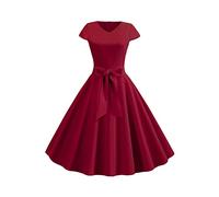 YMING Elegant Summer Audrey Hepburn Dresses for Women Prom Dance Gown High Waist Party Dress Short Sleeve Rockabilly V Neck Dresses Wine Red XS