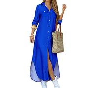 YMING Ladies Long Sleeve Shirt Dress Casual Button Down Dresses Loose Maxi Dresses Blue S