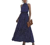 YMING Ladies Sleeveless Summer Dress Polka Dot Ankle Length Beach Dress Layered Dress Navy Blue Dot S