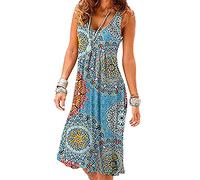 YMING Lady Boho Plain Knee Length Fashion Swing Dress Simple Style Sleeveless Travel Comfy Tank Dresses Blue Annual 3XL