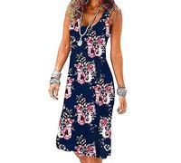 YMING Lady Empire Waist Plus Size Sleeveless Dresses Pleated Colourful Swing Beach Tank Dress Navy Blue Peony XL