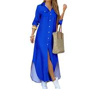 YMING Lady Polar Softness Summer Ankle Length Dresses Breathable Long Sleeve Cute Comfy Dress Royal Blue S