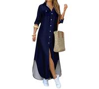 YMING Lady's Lapel Neck Front Pockets Classic Basic Maxi Dress Simple Side Split Beach Holiday Dresses Navy Blue XXL