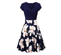 YMING Lady's Travel Cozy Stretchy Dressy A-Line Midi Dress Basic Ruched Comfy Patchwork Dress Floral Navy Blue White M