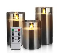 YMing LED Flameless Flickering Candles,Grey LED Battery Candles with Remote Control,Fake Wicking Operated Candle Light for Home Deco,Real Wax Moving Glass Pillar Candles Gift, 4" 5" 6", Set of 3