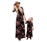 YMING Mommy and Me Beach Crew Neck Long Maxi Dress Boho Casual Floral Dress Flower Stitching Dress BLK Floral Long Sleeve 3XL