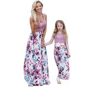 YMING Mommy and Me Casual Long Dress Maxi Beach Stitching Maxi Floral Print Sundress Boho Crew Neck Dress Purple Floral L