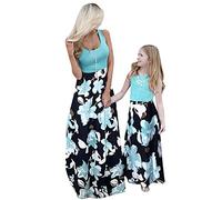 YMING Mommy and Me Casual Stitching Printed Dress Sleeveless Party Flower Pattern Family Matching Dress Green Flower 10 Years