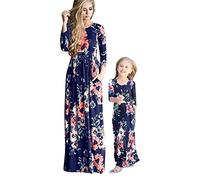 YMING Mommy and Me Matching Splice Sundress with Pockets Flower Pattern Casual Dress Long Beach Crew Neck Outfits Blue Floral Long Sleeve 7 Years