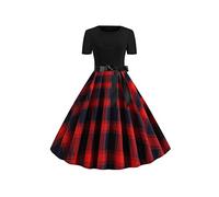 YMING Vintage Audrey Hepburn Dress for Women Cocktail Swing Prom Gown 1950s Plaid Dress Red Blue L