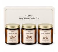 YMING Winter Scented Candle Gift Set, 3 x 120 g, Soy Wax Blend, Gift Box | Winter Spice, Fireside Sandalwood and Fir Tree & Cedar in amber glass jars for cosy festive evenings, 25-30 hours each.