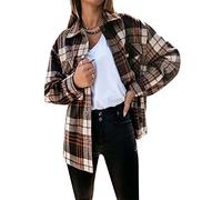 YMING Women Casual Checkered Flannel Tartan Fleece Lapel Shacket Shirt Fashion Boyfriend Style Blouse Brown XXL