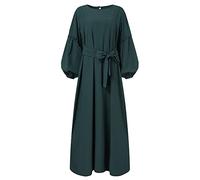 YMING Women Islamic Prayer Dress Lightweight Arab Dress with Belt Balloon Sleeve Abaya Modest Maxi Dress Dark Green M