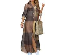 YMING Women Long Summer Casual Dress Color Bloc Chic Dress Loose Oversize Sundress Khaki XL