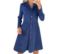YMING Women Loose Formal Single Breasted Dress A Line Corduroy Elegant Tunic Vintage Simple Dress Blue XL