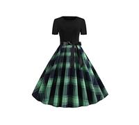 YMING Womens 1950s Audrey Hepburn Vintage Dress with Belt Empire Waist Short Sleeve Dress Green Blue M