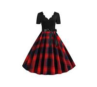 YMING Women's Audrey Hepburn Dress Elegant V Neck Party Dress Casual Color Block Dress Red Blue Plaid XXL
