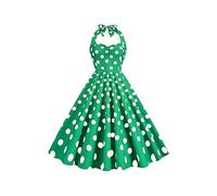 YMING Women's Audrey Hepburn Flower Pattern Dress Halter Neck Dress with Belt Swing Casual Party Dress Green dot S