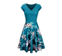 YMING Womens Breathable V Neck Night Club Dresses Church Classy Going Out 1950s Vintage Dress Floral Turquoise XL