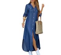 YMING Women's Casual Lapel Rolled Up Sleeve Dress Floral Print Shirt Dresses Denim XL