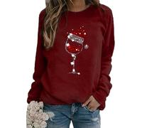 YMING Women's Christmas Home Party Long Sleeve Pullover Red Wine Glass Winter Fashion Loose Fit Blouse