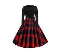 YMING Womens Long Sleeve Audrey Hepburn Style Dress Vintage Polka Dot Dress with Belt Color Block Party Dress Red Blue L