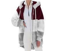 YMING Women's Mid Classic Simple Travel Sherpa Cardigan Open Front Color Block Trendy Zipper Jacket White Wine Red XL
