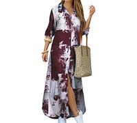 YMING Women's Plain Maxi Long Dress Cotton Long Sleeve Casual Plus Size Floral Print Dress Tie dye Wine Red L