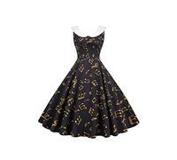 YMING Women's Slim Fit Dress Small Retro Floral Pattern Hepburn Style Sweet Retro Cherry Dress Golden Music XL