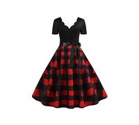 YMING Women's V Neck Dress Plaid Vintage Audrey Hepburn Dress Red BLK Plaid M