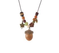 YMJPYT Acorn Pendant Necklace for Women Leaf Charm | Earthy brown cord strand, mixed natural timber beads, antique tone leaf accent, autumn forest theme, rustic nature look.