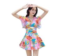 YMKJZLBD Swimming Costume Women Short Sleeve Flounce V Neckline Swimwear One Piece Bathing Suit Swimsuit with Skirt Beach Wear-kiwifruit-2xl(65-72kg)