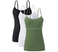 Ymmchy Women Camisoles Adjustable Strap Tank Top with Shelf Bra Cami Vest Cotton Undershirts 3 Pack Black/White/ArmyGreen S