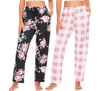 Ymmchy Women's Pajama Bottoms Lounge Pants Printed Plaid Pyjamas Checkered Pants Sleep Trousers with Pockets 2-Pack Black Flowers/Pink Plaid M