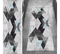 Ymural Geometric Runners for Hallway Grey Blue Non Slip 110x400CM Washable Anti Skid Long Carpet Runners for Kitchen Bedroom
