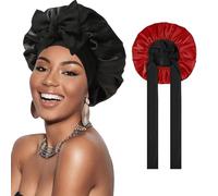 YMWALK Double-Sided Satin Sleep Bonnet with Bow - Adjustable Silk-Like Hair Wrap for Women, Hair Bonnet for Bath,Shower & Night Cap for Curly/Straight Hair (Black+Red)