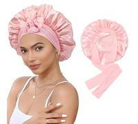 YMWALK Double-Sided Satin Sleep Bonnet with Bow - Adjustable Silk-Like Hair Wrap for Women, Hair Bonnet for Bath,Shower & Night Cap for Curly/Straight Hair (Dark Pink)