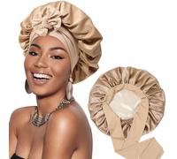 YMWALK Double-Sided Satin Sleep Bonnet with Bow - Adjustable Silk-Like Hair Wrap for Women, Hair Bonnet for Bath,Shower & Night Cap for Curly/Straight Hair (Khaki+Beige)