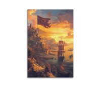 YMXHJJ Exquisite Modern Family Canvas Wall Art Picture Print Photo Album-Fantasy Landscape Poster with Medieval Castle And Sailing Ships at Sunset 24x36inch(60x90cm)