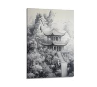 YMXHJJ Exquisite Modern Family Canvas Wall Art Picture Print Photo Album-Line Art Landscape Poster with Chinese Pavilion And Waterfall 08x12inch(20x30cm)