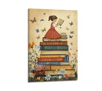 YMXHJJ Exquisite Modern Family Canvas Wall Art Picture Print Photo Album-Vintage Children's Poster Girl Reading Book on Stack of Books with Butterflies 08x12inch(20x30cm)