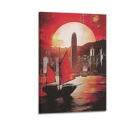 YMXHJJ Exquisite Modern Family Canvas Wall Art Picture Print Photo Album-Vintage Travel Poster Hong Kong Skyline with Red - Sailed Ship And Sunset 20x30inch(50x75cm)