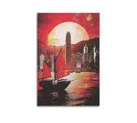 YMXHJJ Exquisite Modern Family Canvas Wall Art Picture Print Photo Album-Vintage Travel Poster Hong Kong Skyline with Red - Sailed Ship And Sunset 16x24inch(40x60cm)