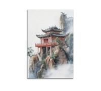 YMXHJJ Exquisite Modern Family Canvas Wall Art Picture Print Photo Album-Watercolor Landscape Poster of Chinese Pagoda on Mountain Cliff 16x24inch(40x60cm)