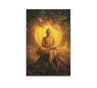 YMXHJJ Golden Buddha Statue on Lotus over Tree - Root, with Large Moon Poster Canvas Wall Art Modern Mural Decorative Painting Hanging Artwork 12x18inch(30x45cm)