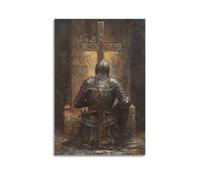 YMXHJJ Meticulously - Crafted Knight in Armor Kneeling before An Ornate Cross Art Poster Abstract Canvas Wall Art Minimalist Modern Mural Decorative Painting Hanging 12x18inch(30x45cm)