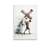 YMXHJJ Minimalist Canvas Wall Art Picture Print Watercolor Jesus Poster Jesus Helping A Man Carry Cross Modern Family for Bedroom Decor Unframe-style 16x24inch(40x60cm)