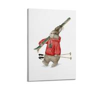 YMXHJJ Modern Family Photo Album Posters Canvas Wall Art Home Decor - Watercolor Animal Poster Skiing Rabbit in Red Hoodie Prints Pictures Artwork 08x12inch(20x30cm)