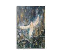 YMXHJJ Modern Family Posters Canvas Wall Art Home Decor - Religious Posters Angel Flying Over A Night Sky with Starry Accents And Houses Below Prints Pictures Artwork 12x18inch(30x45cm) Unframe-style