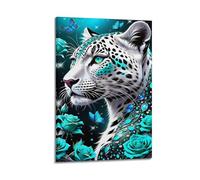 YMXHJJ Poster Frame Canvas Wall Art Prints for Hallway Decor - Animal Blue Rose Butterflies Surround Snow Leopard 24x36inch(60x90cm) Picture Frame Artwork